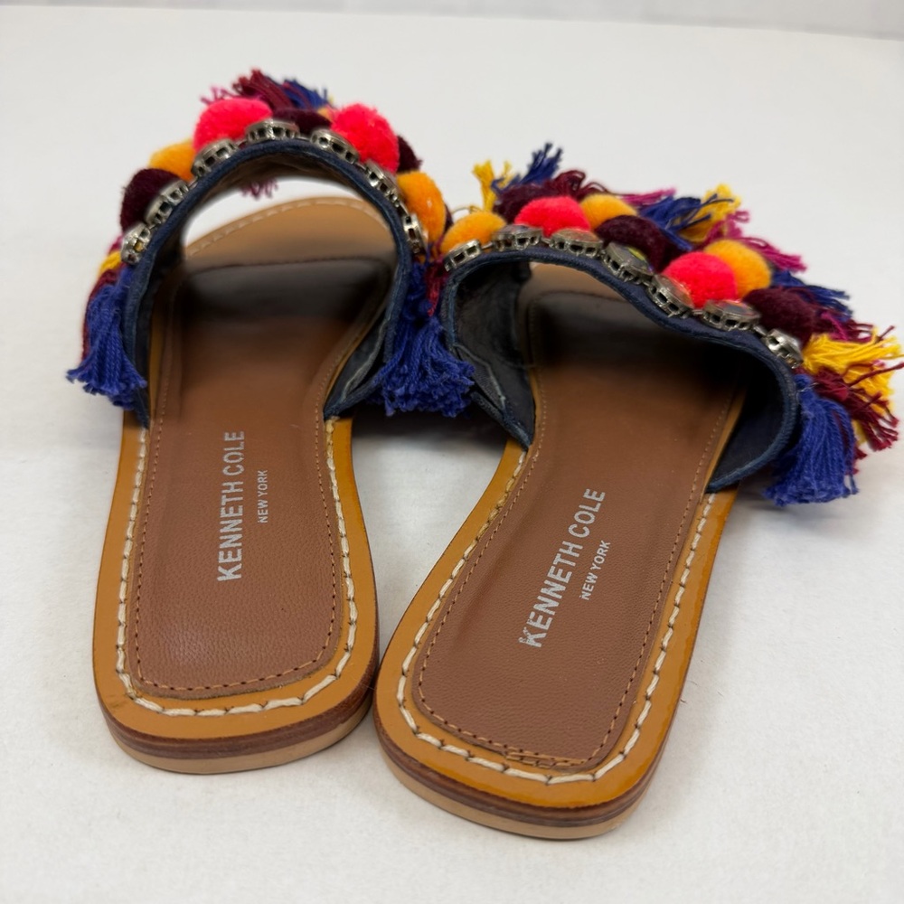 Kenneth Cole‎ New York Women’s Pom Pom Fringe Slide Sandals Multicolor Size 8 - Picture 4 of 7